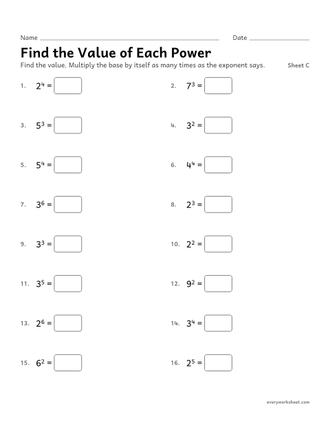 Preview of the printable “Find the value of each Power, sheet C” worksheet: finding the value of a power