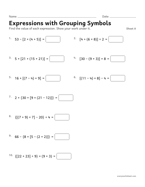 Preview of the printable “Expressions with grouping Symbols, sheet A” worksheet: evaluating expressions with grouping symbols