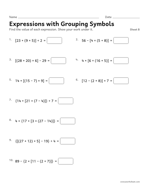 Preview of the printable “Expressions with grouping Symbols, sheet B” worksheet: evaluating expressions with grouping symbols