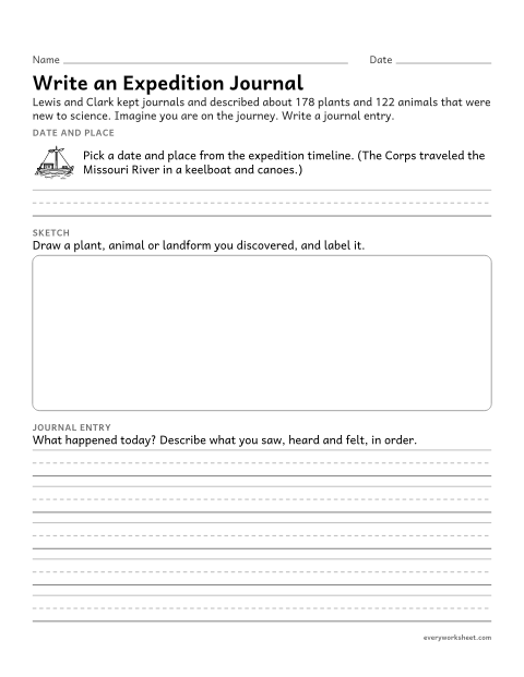 Preview of the printable “Lewis and clark journal writing activity” worksheet: writing a narrative journal entry from the point of view of an expedition member