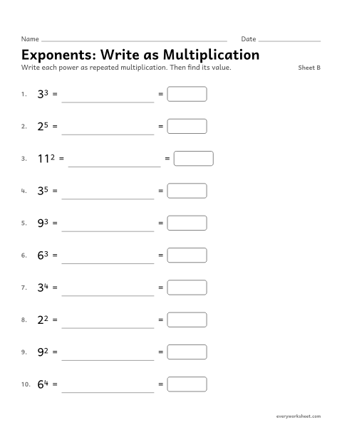 Preview of the printable “Exponents: write as Multiplication, sheet B” worksheet: writing a power as repeated multiplication