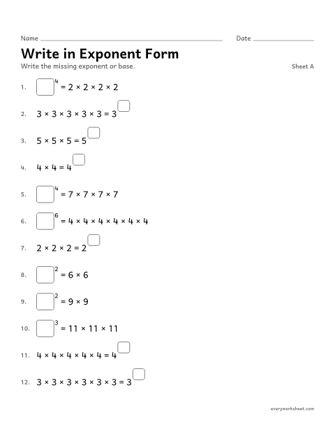 Preview of the printable “Write in exponent Form, sheet A” worksheet: writing repeated multiplication with an exponent