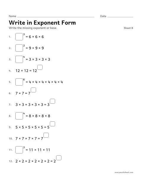 Preview of the printable “Write in exponent Form, sheet B” worksheet: writing repeated multiplication with an exponent