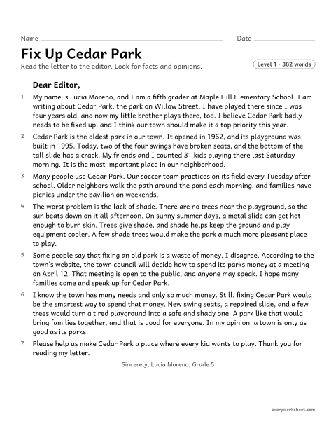 Preview of the printable “Fact and opinion in a letter to the editor” worksheet: telling facts from opinions in a letter to the editor and judging which facts support the writer's opinions