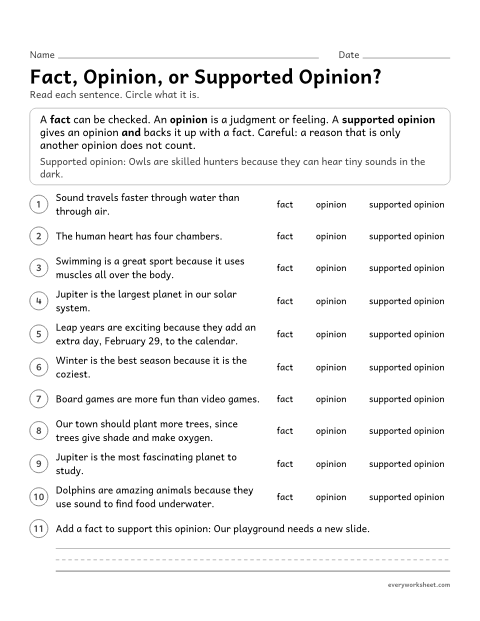 Preview of the printable “Fact, Opinion, or supported Opinion?” worksheet: telling facts, opinions, and opinions supported by facts apart, and adding a supporting fact