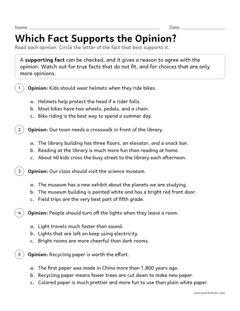Preview of the printable “Which fact supports the Opinion?” worksheet: choosing the fact that supports an opinion, and rejecting facts that do not and opinions posing as reasons