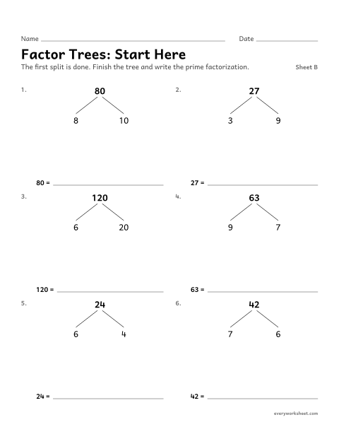 Preview of the printable “Factor Trees: start Here, sheet B” worksheet: finishing a factor tree from a given first split