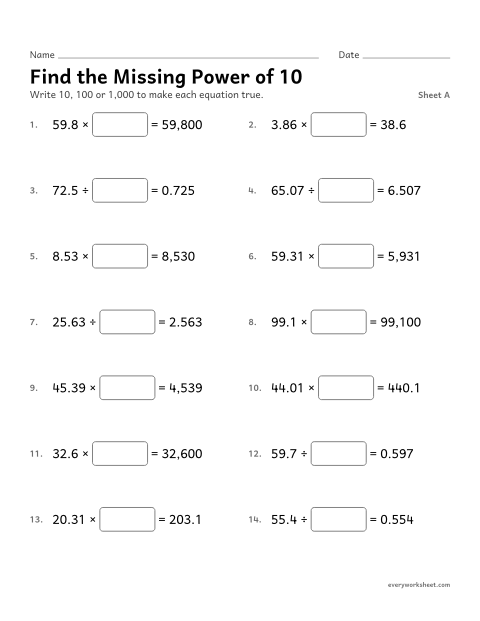 Preview of the printable “Find the missing power of 10, sheet A” worksheet: finding the power of 10 in a multiplication or division