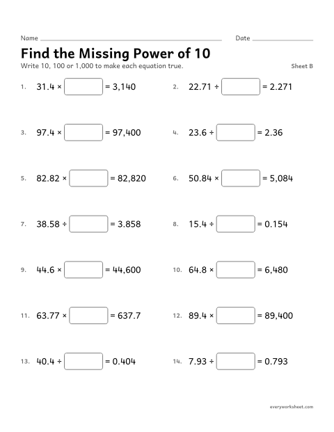 Preview of the printable “Find the missing power of 10, sheet B” worksheet: finding the power of 10 in a multiplication or division