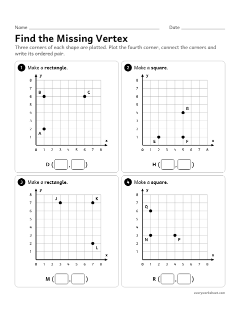 Preview of the printable “Find the missing vertex” worksheet: finding the fourth vertex of a rectangle or square on a coordinate grid and writing its ordered pair