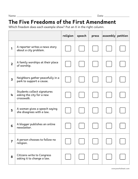 Preview of the printable “First amendment five freedoms worksheet” worksheet: identifying the five freedoms protected by the First Amendment
