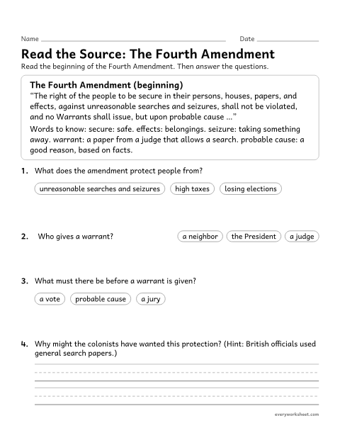 Preview of the printable “Fourth amendment primary source worksheet” worksheet: analyzing the text of the Fourth Amendment