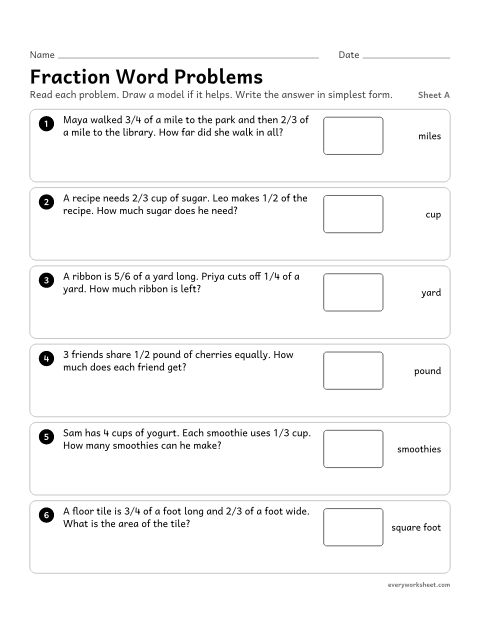 Preview of the printable “Fraction word Problems, sheet A” worksheet: choosing whether to add, subtract, multiply or divide fractions to solve real-world problems