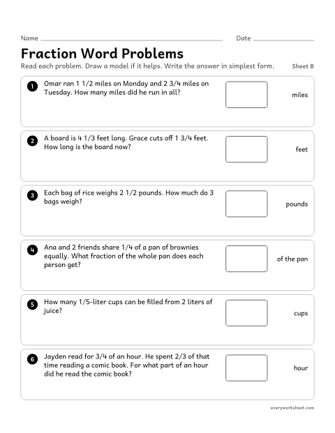 Preview of the printable “Fraction word Problems, sheet B” worksheet: solving real-world problems with mixed numbers and all four operations on fractions