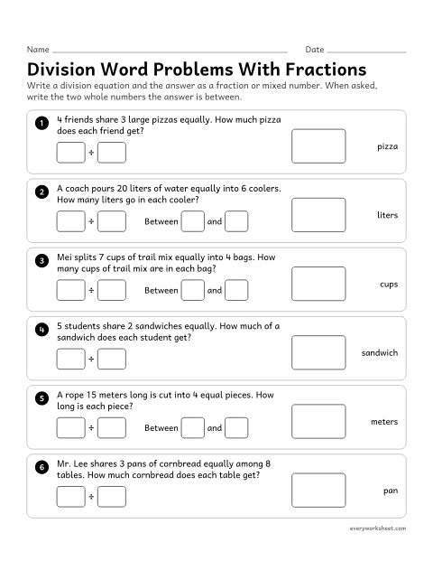 Preview of the printable “Division word problems with fractions” worksheet: solving sharing problems where dividing whole numbers gives a fraction or mixed number, and saying between which whole numbers it lies
