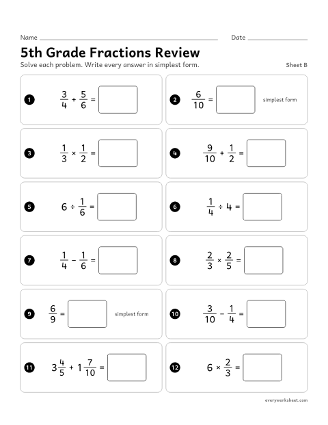 Preview of the printable “5th grade fractions Review, sheet B” worksheet: mixed review: adding and subtracting with unlike denominators, simplest form, multiplying and dividing fractions