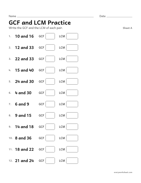 Preview of the printable “GCF and LCM Practice, sheet A” worksheet: finding the GCF and LCM of two numbers