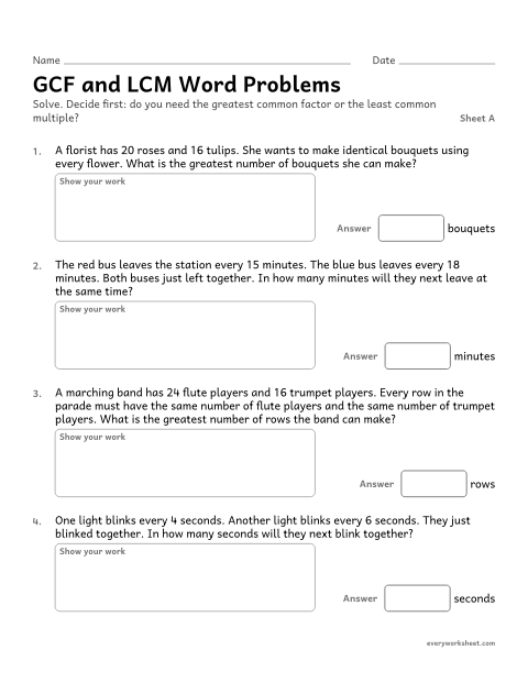 Preview of the printable “GCF and LCM word Problems, sheet A” worksheet: solving word problems with the GCF and LCM