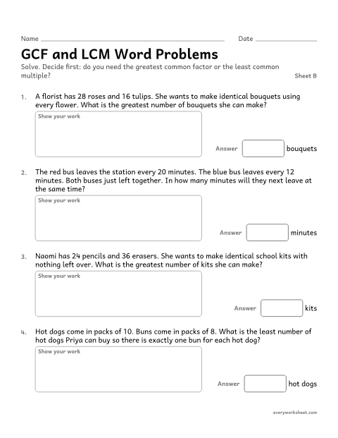 Preview of the printable “GCF and LCM word Problems, sheet B” worksheet: solving word problems with the GCF and LCM