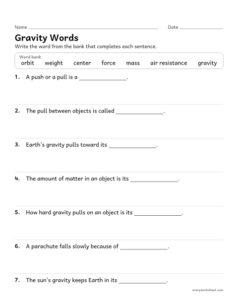Preview of the printable “Gravity vocabulary fill in the blank” worksheet: using vocabulary about gravity, mass and weight