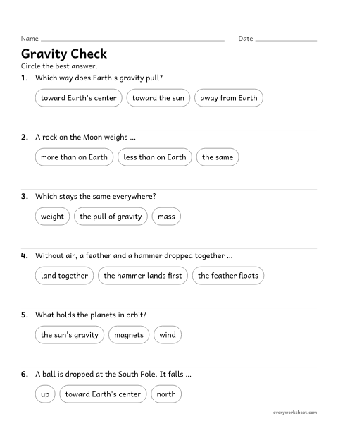 Preview of the printable “Gravity quiz for 5th grade” worksheet: reviewing the direction of gravity, mass and weight
