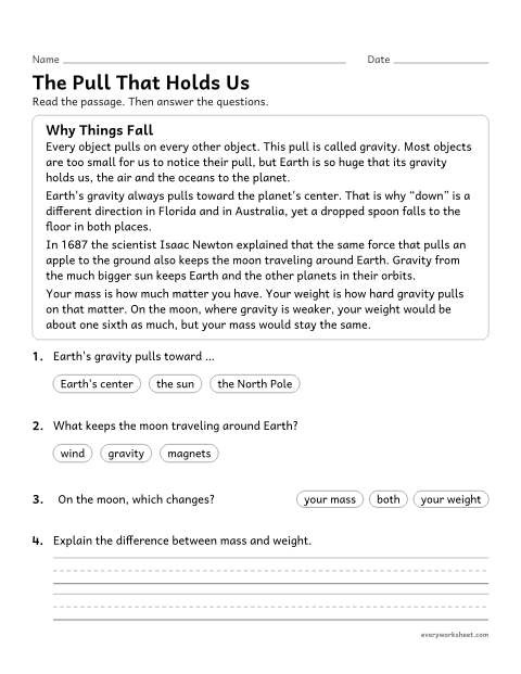 Preview of the printable “What is Gravity? reading passage for 5th grade” worksheet: explaining gravity from a nonfiction text