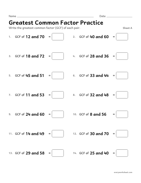 Preview of the printable “Greatest common factor Practice, sheet A” worksheet: finding the greatest common factor