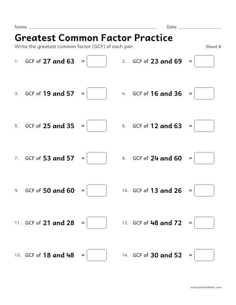Preview of the printable “Greatest common factor Practice, sheet B” worksheet: finding the greatest common factor