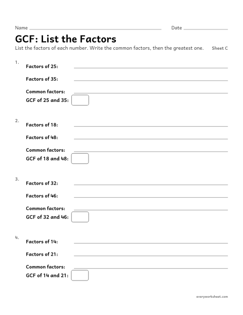 Preview of the printable “GCF: list the Factors, sheet C” worksheet: finding the greatest common factor by listing factors