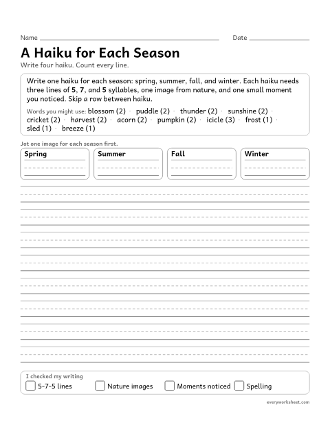 Preview of the printable “A haiku for each season” worksheet: writing a set of four haiku, one for each season, in the 5-7-5 pattern