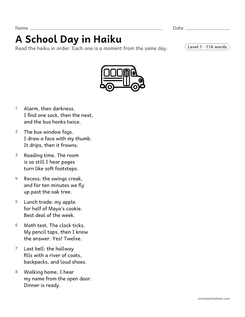 Preview of the printable “A school day in haiku” worksheet: reading a sequence of haiku that tells one day, and explaining its similes, metaphors, and other images