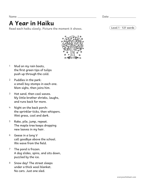 Preview of the printable “A year in haiku” worksheet: explaining how a set of haiku fits together and what images and figurative language each one uses