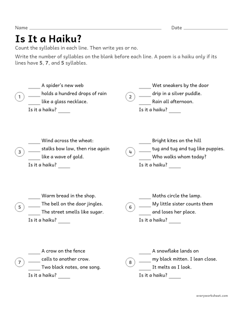 Preview of the printable “Is it a Haiku?” worksheet: checking poems for the 5-7-5 haiku pattern by counting the syllables in each line
