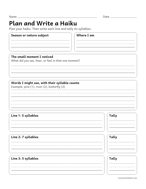 Preview of the printable “Plan and write a haiku” worksheet: planning a haiku from a nature image and a moment noticed, and writing it in 5-7-5 lines