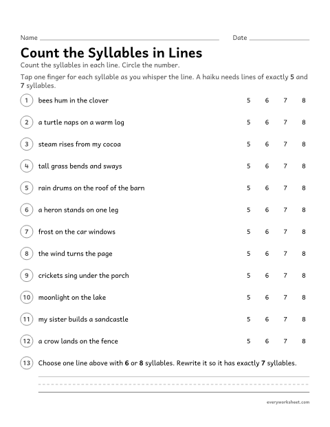 Preview of the printable “Count the syllables in lines” worksheet: counting the syllables in whole lines of poetry, as haiku poets do