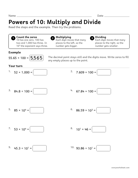 Preview of the printable “Powers of 10: multiply and divide” worksheet: multiplying and dividing by powers of 10