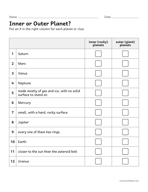 Preview of the printable “Inner and outer planets sort worksheet” worksheet: classifying the planets and their features as inner or outer planets