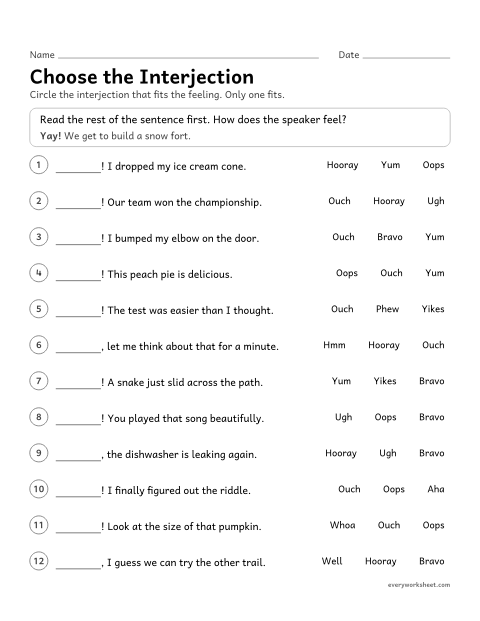 Preview of the printable “Choose the interjection” worksheet: choosing an interjection that fits the feeling in a sentence