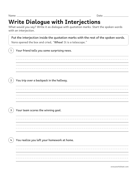 Preview of the printable “Write dialogue with interjections” worksheet: writing dialogue that uses interjections to show feeling