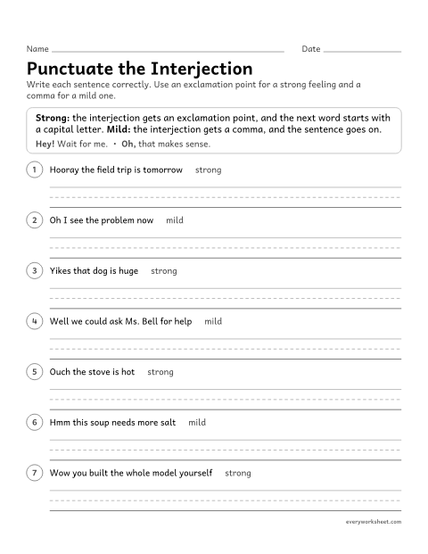 Preview of the printable “Punctuate the interjection” worksheet: punctuating interjections with an exclamation point or a comma