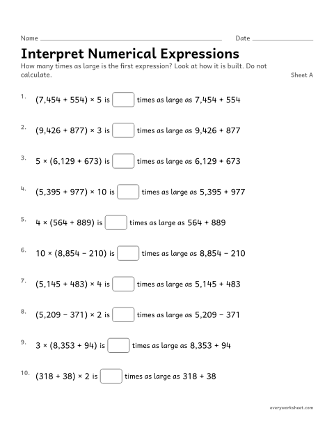 Preview of the printable “Interpret numerical Expressions, sheet A” worksheet: interpreting numerical expressions without evaluating them