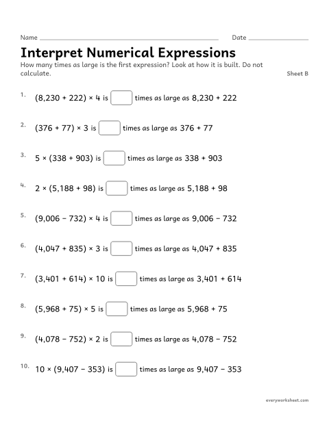 Preview of the printable “Interpret numerical Expressions, sheet B” worksheet: interpreting numerical expressions without evaluating them