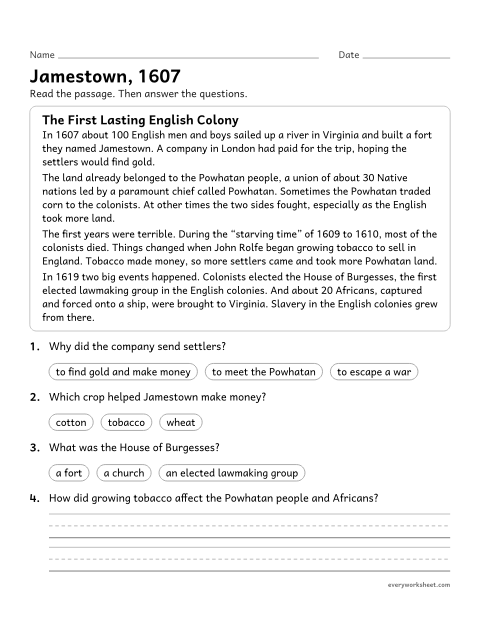 Preview of the printable “Jamestown reading passage for 5th grade” worksheet: describing the founding of Jamestown and its effects on the Powhatan people and on Africans