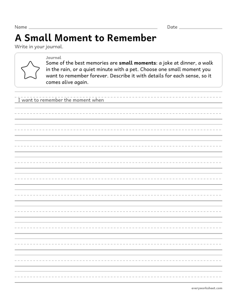 Preview of the printable “A small moment to remember” worksheet: describing a small moment with concrete and sensory details