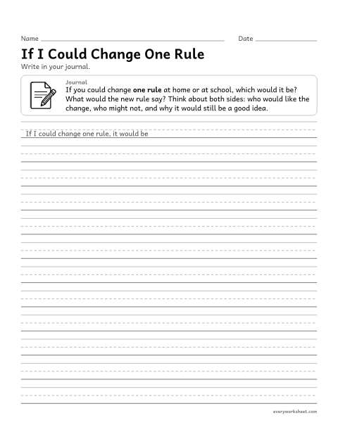 Preview of the printable “If I could change one rule” worksheet: reflecting on a rule and considering both sides in a journal entry