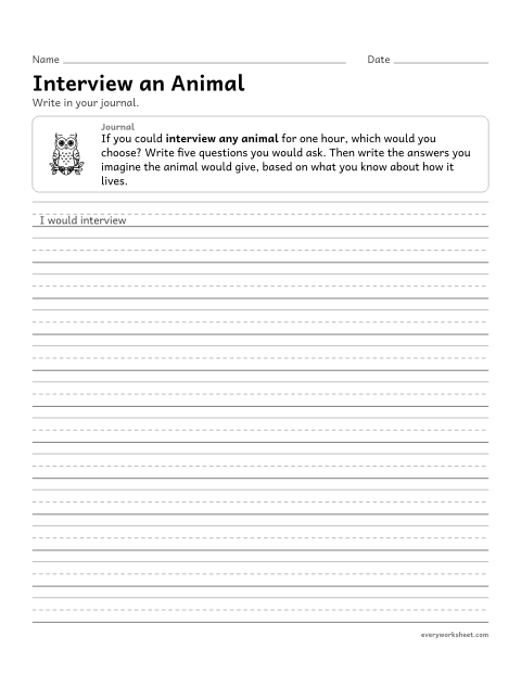 Preview of the printable “Interview an animal” worksheet: writing an imagined interview grounded in facts about an animal