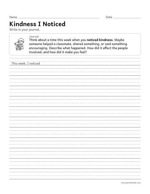 Preview of the printable “Kindness I noticed” worksheet: describing and reflecting on an act of kindness in a journal entry