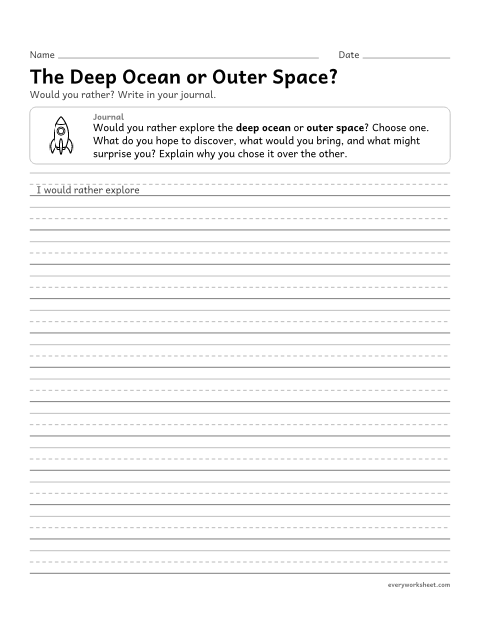 Preview of the printable “The deep ocean or outer Space?” worksheet: making a choice and explaining it in a journal entry