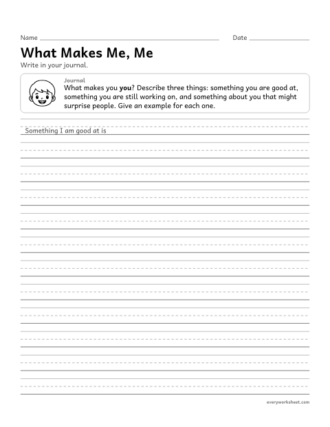 Preview of the printable “What makes Me, me” worksheet: reflecting on personal strengths and goals with examples