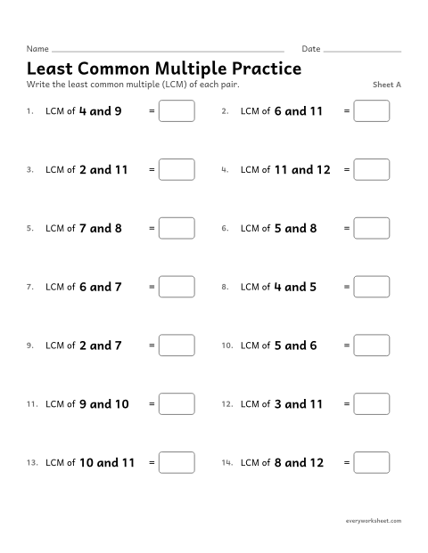 Preview of the printable “Least common multiple Practice, sheet A” worksheet: finding the least common multiple